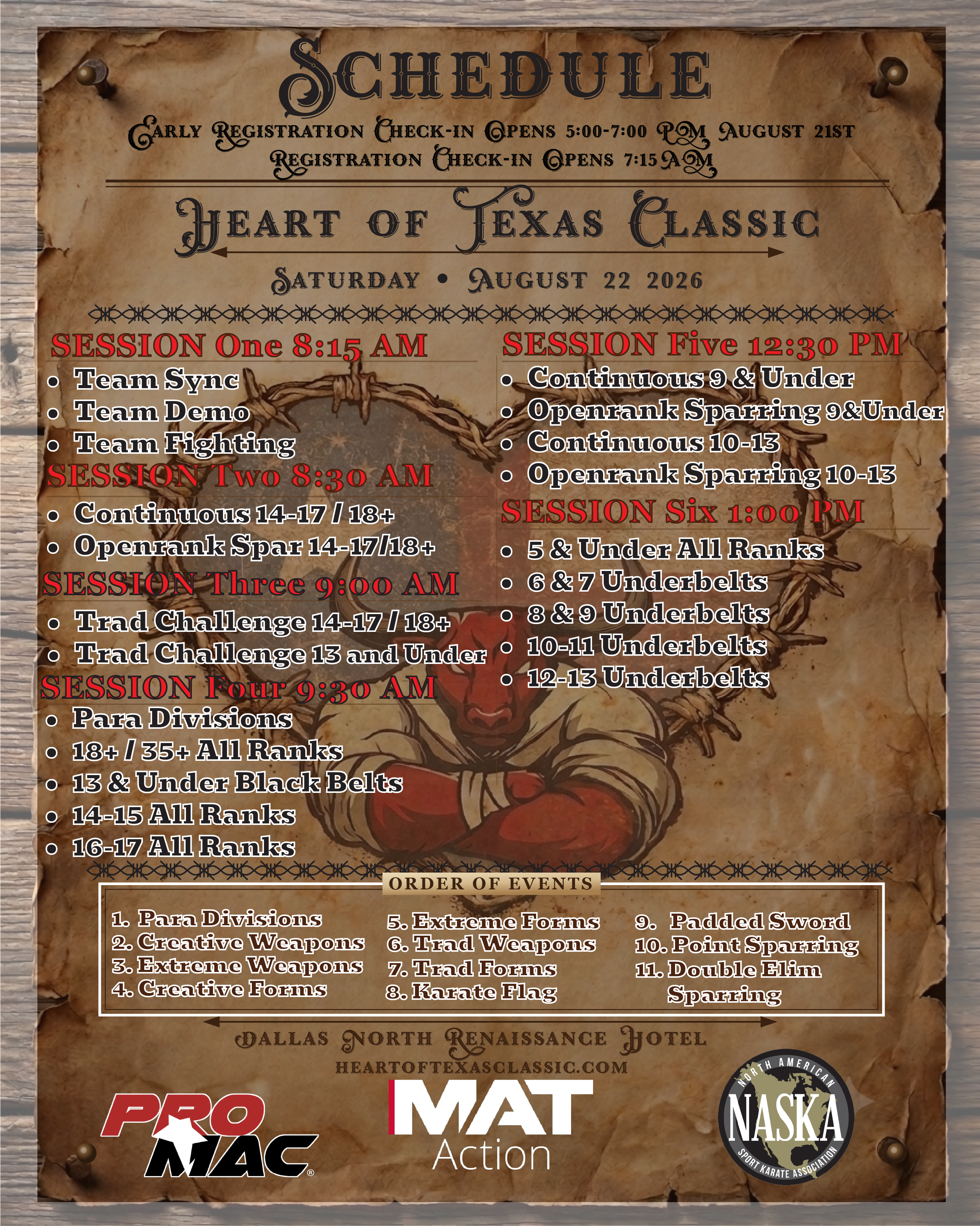 Heart of Texas Classic schedule poster for Saturday, August 22, 2026, listing all six session start times and the order of events.